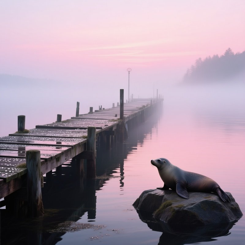 An Abandoned Wooden Pier Stretching Into Misty Waters At Dawn, Dew Covered Planks Reflecting Pale