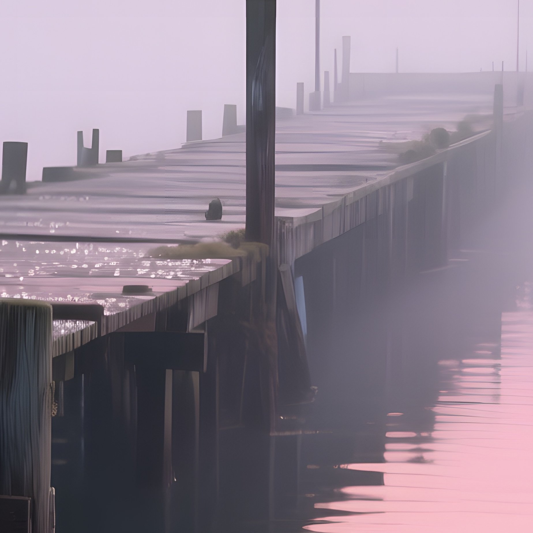 An Abandoned Wooden Pier Stretching Into Misty Waters At Dawn, Dew Covered Planks Reflecting Pale - Full Resolution Quality Preview