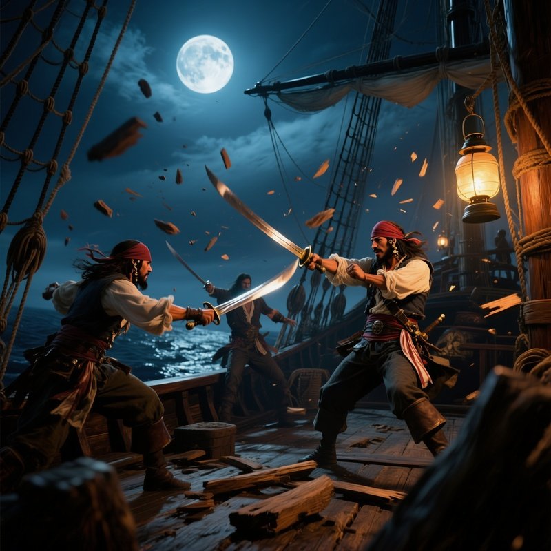An Action‑Packed Tableau Of Pirates Boarding An Enemy Vessel Under A Full Moon, Swords Clashing,
