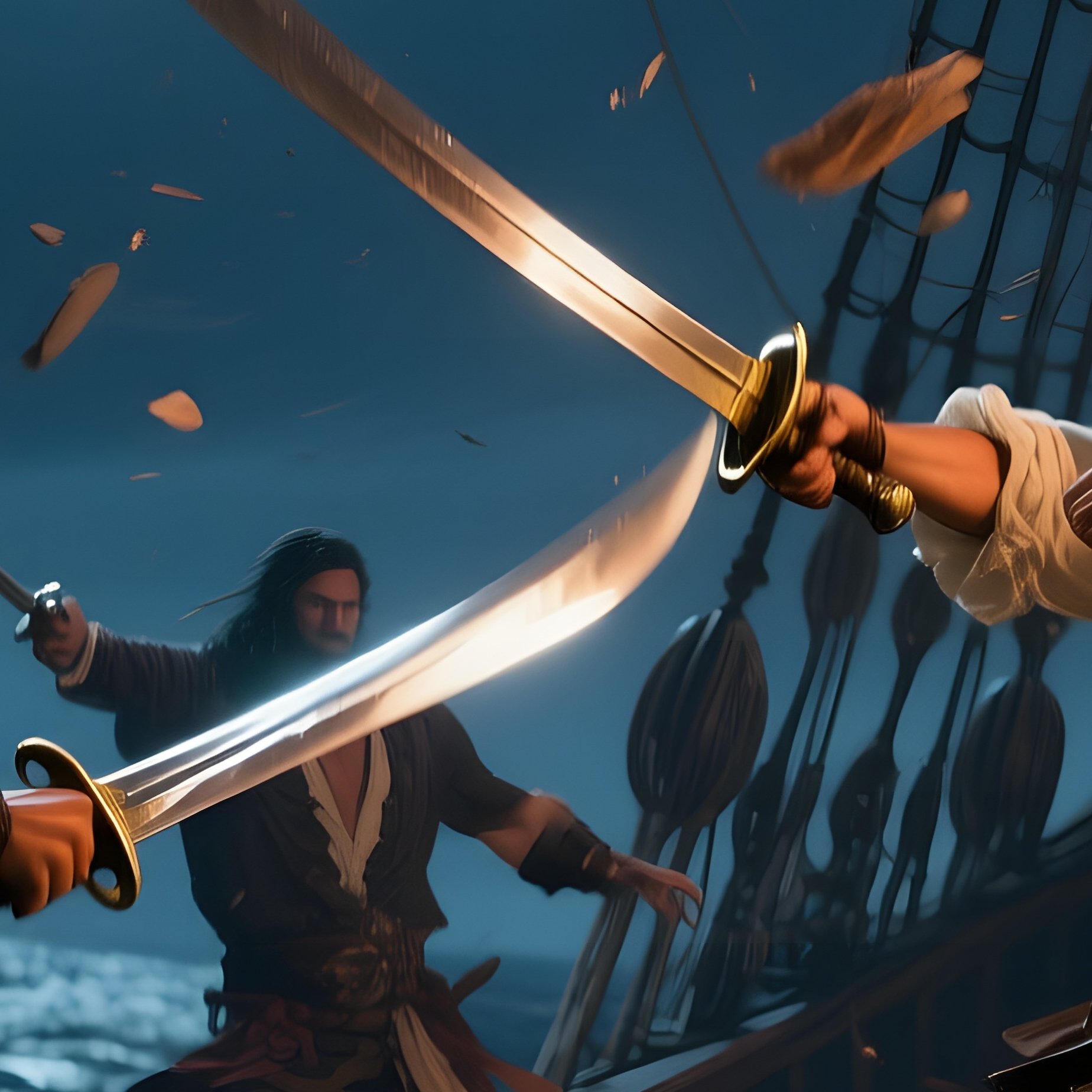 An Action‑Packed Tableau Of Pirates Boarding An Enemy Vessel Under A Full Moon, Swords Clashing, - Full Resolution Quality Preview