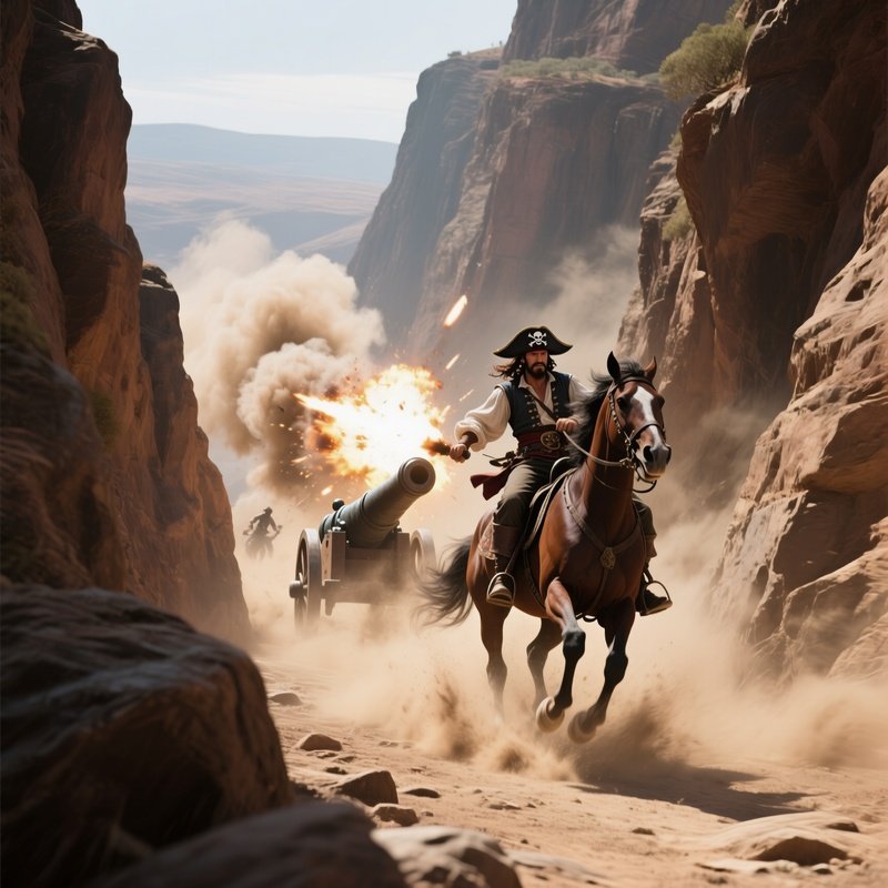 An Action Scene Of Pirates Escaping Through A Narrow Canyon, Cannon Fire Echoing Behind Them, Dust