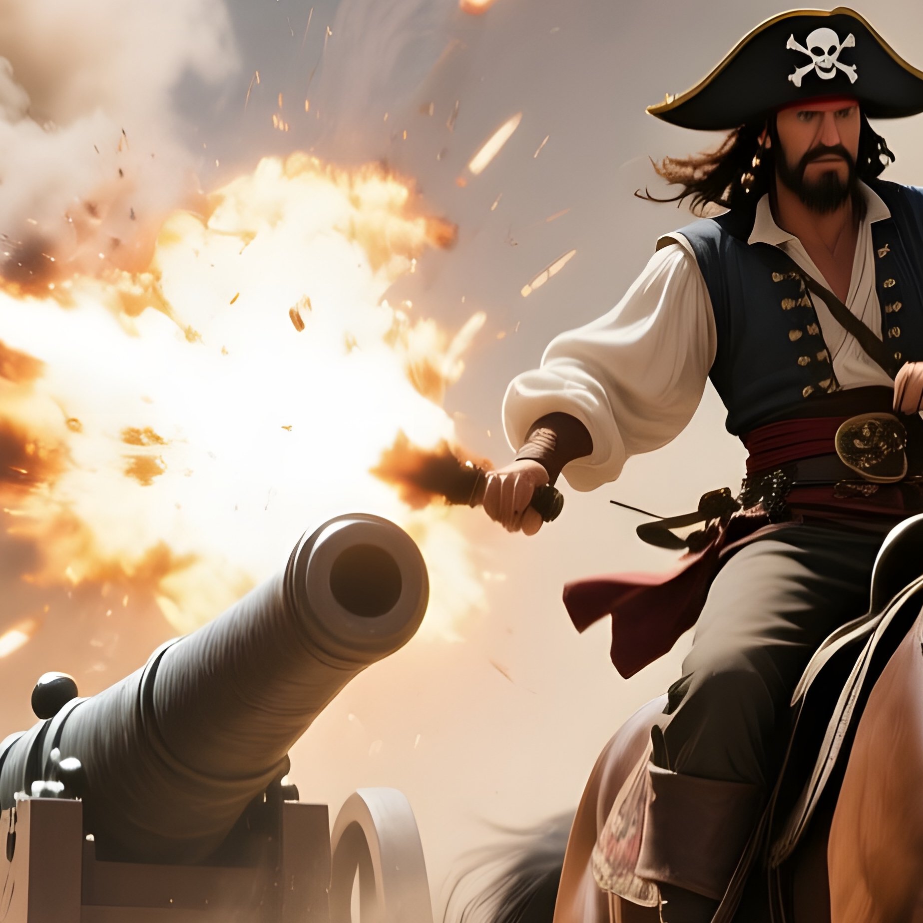 An Action Scene Of Pirates Escaping Through A Narrow Canyon, Cannon Fire Echoing Behind Them, Dust - Full Resolution Quality Preview