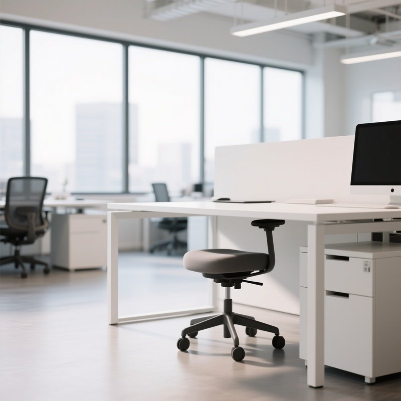 An Active Sitting Ergonomic Stool Tucked Under A Minimalist White Desk In A Bright, Open Plan Co Working Space With Large Windows.