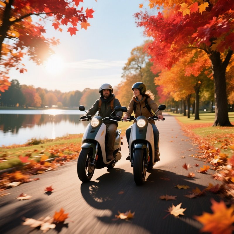 An Adventurous Duo On Dual‑Seat Scooters Riding Through An Autumnal Park Lane Lined With Fiery Red