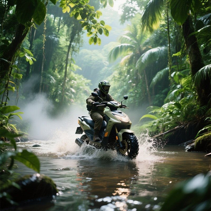 An Adventurous Rider On An All‑Terrain Scooter Splashing Through A Shallow River Crossing In A