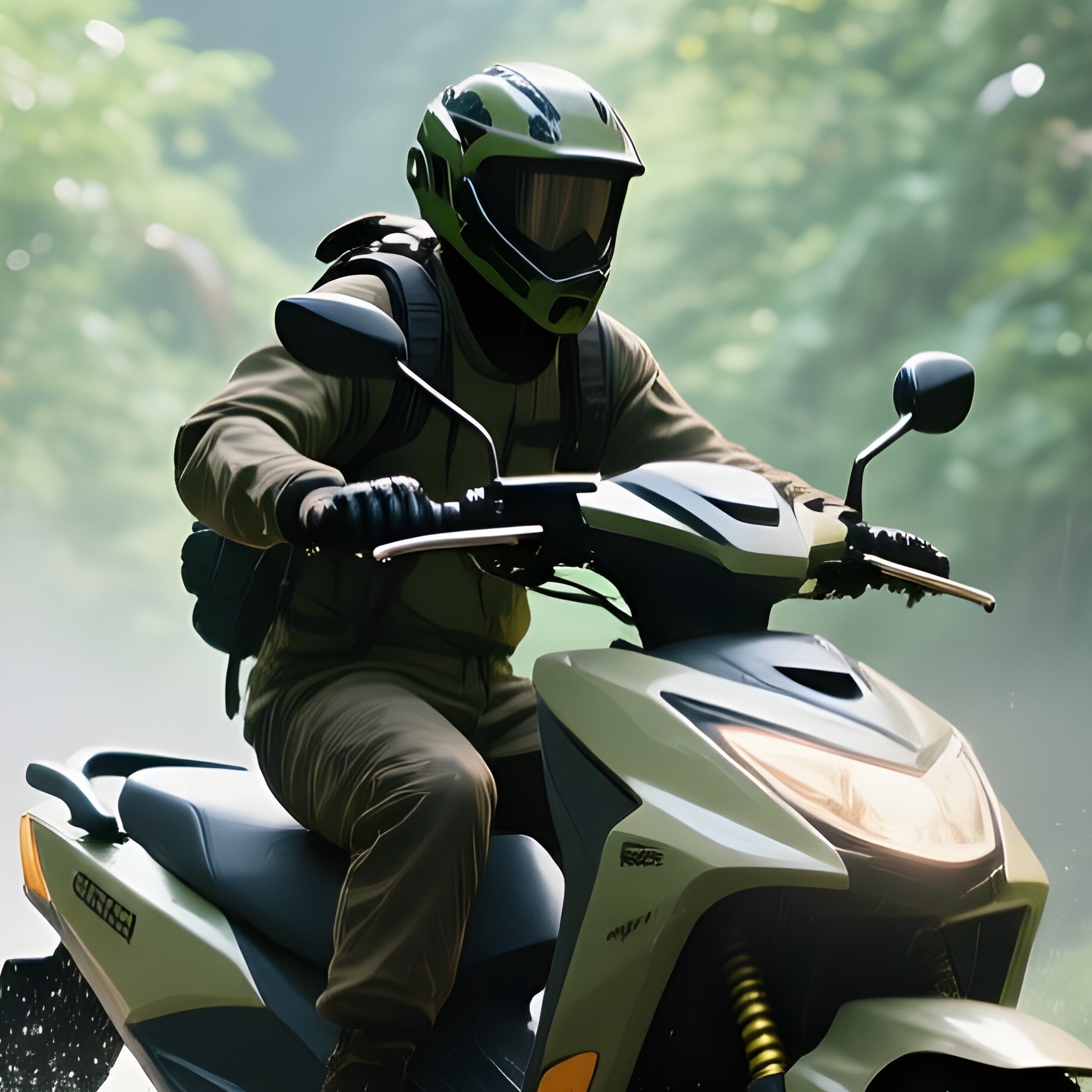 An Adventurous Rider On An All‑Terrain Scooter Splashing Through A Shallow River Crossing In A - Full Resolution Quality Preview