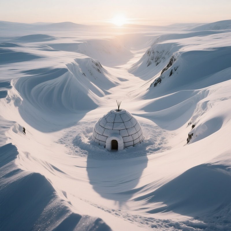 An Aerial Perspective Of A Solitary Igloo Nestled In A Deep Snowdrift Valley, The Low Sun Casting