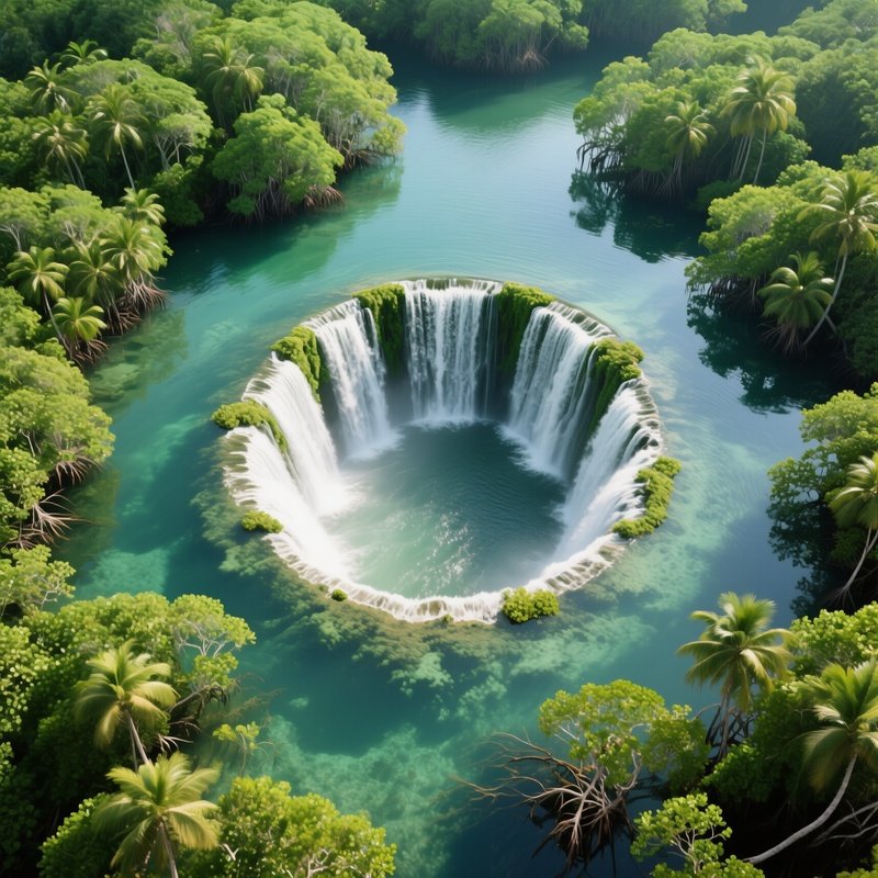 An Aerial Perspective Of A Waterfall Forming A Perfect Circle In A Shallow Lagoon, Surrounded By