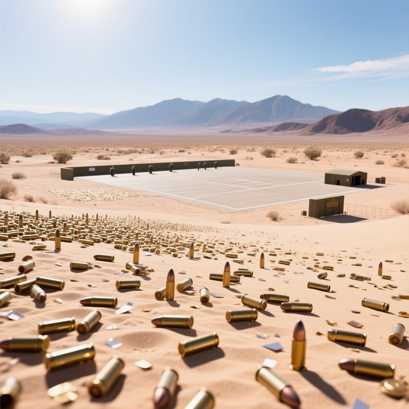 An Aerial Shot Of A Desert Training Range At Midday, Countless Spent Casings Scattered Across The