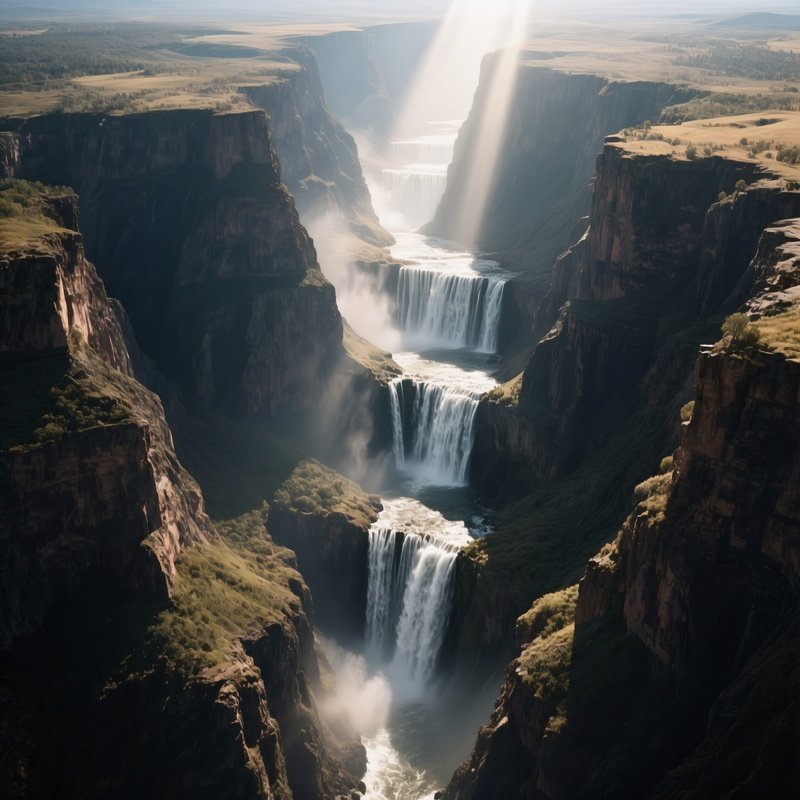 An Aerial View Of A Multi Tiered Waterfall Cutting Through A Deep Canyon, Sunlight Streaming Down