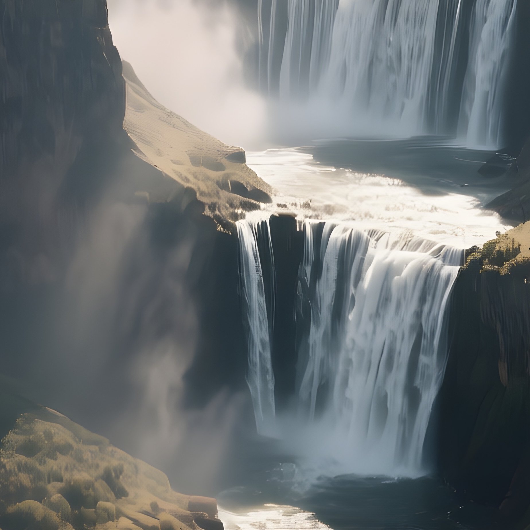 An Aerial View Of A Multi Tiered Waterfall Cutting Through A Deep Canyon, Sunlight Streaming Down - Full Resolution Quality Preview