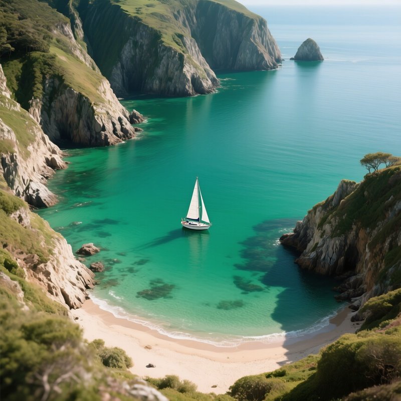 An Aerial View Of A Picturesque Cove, With Emerald Green Waters Surrounded By Rugged Cliffs, A