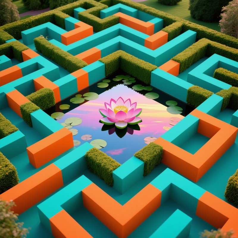 An Aerial View Of A Pop‑Art Garden Maze, Each Hedgerow Painted In Flat Teal And Orange Blocks, The