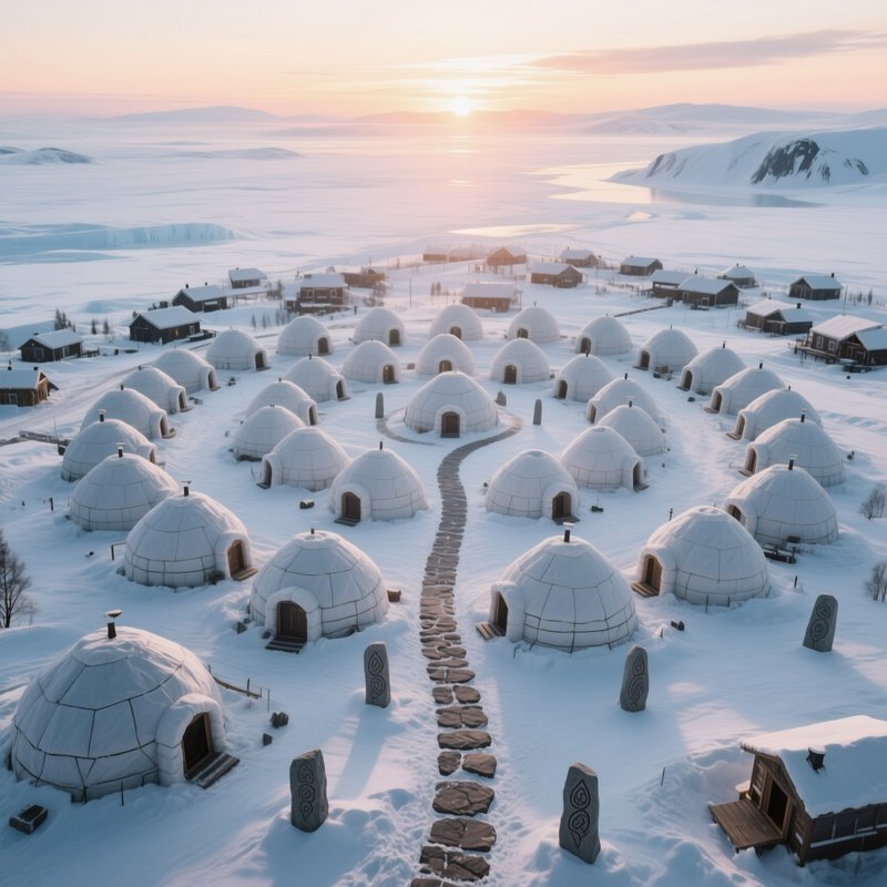 An Aerial View Of A Sprawling Arctic Settlement With Interconnected Igloos Forming A Circular