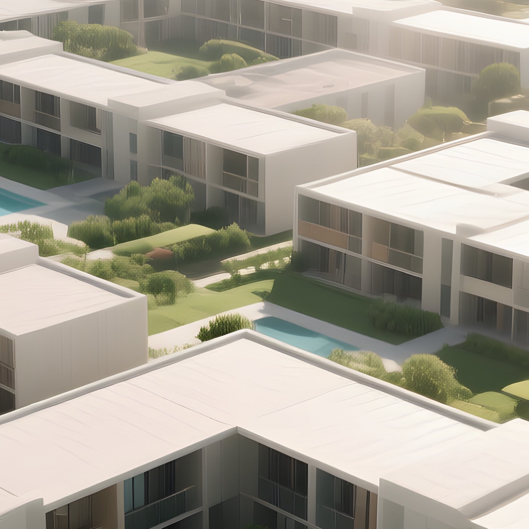 An Aerial View Of A Sprawling Modernist Housing Complex With Intersecting Flat Roofs And Green - Full Resolution Quality Preview