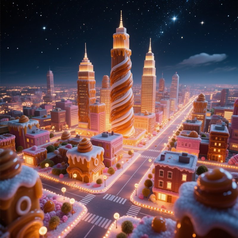 An Aerial View Of A Sprawling Sugar Cityscape At Night, Streets Lit By Tiny Led Lights Embedded In