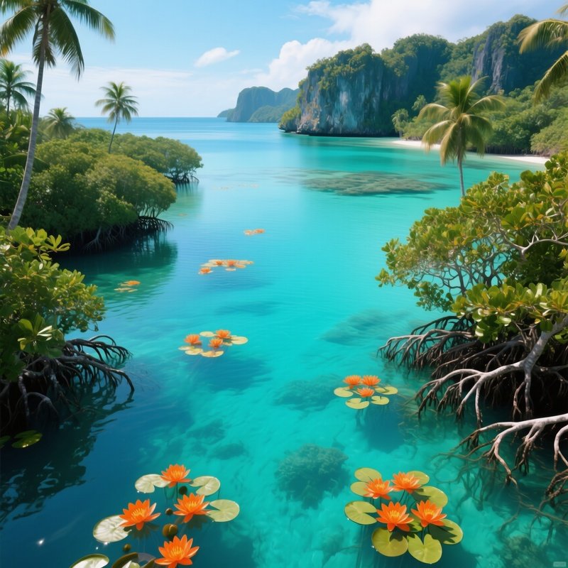 An Aerial View Of A Tropical Lagoon At Midday, Vivid Turquoise Water Dotted With Bright Orange