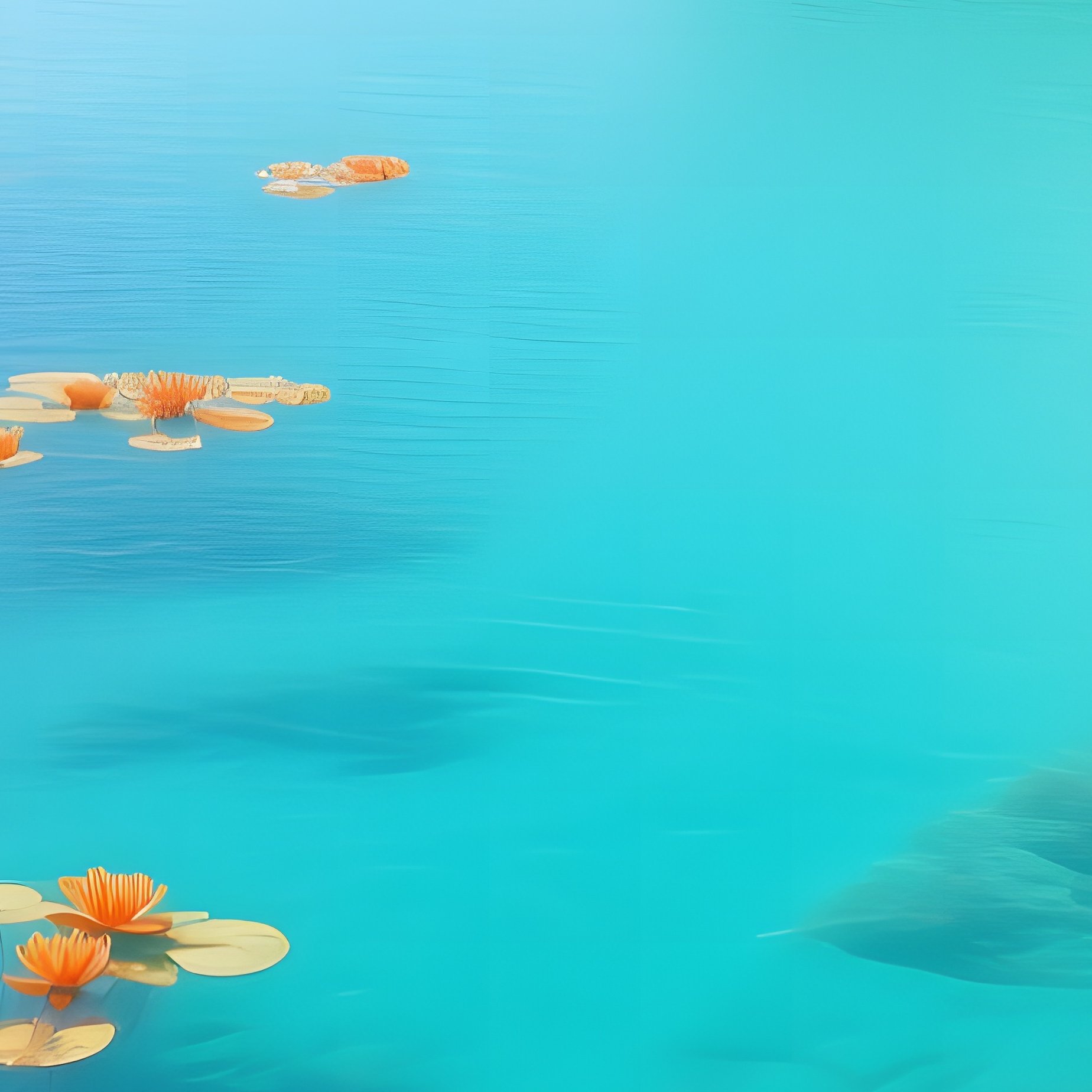 An Aerial View Of A Tropical Lagoon At Midday, Vivid Turquoise Water Dotted With Bright Orange - Full Resolution Quality Preview