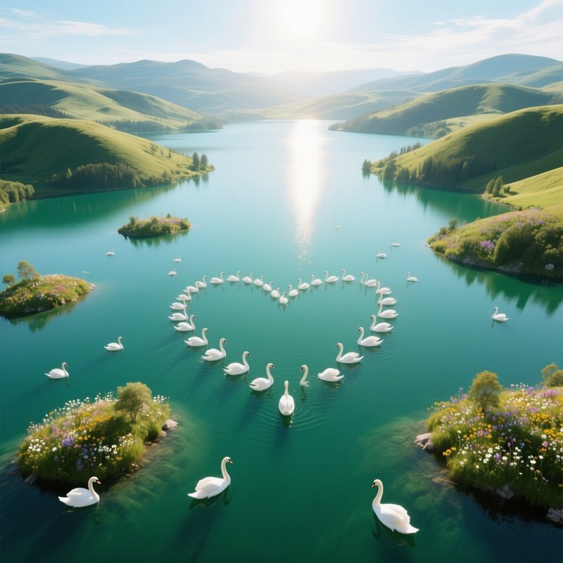 An Aerial View Of A Vast Emerald Lake Nestled Among Rolling Hills, Sun High Overhead Casting Crisp