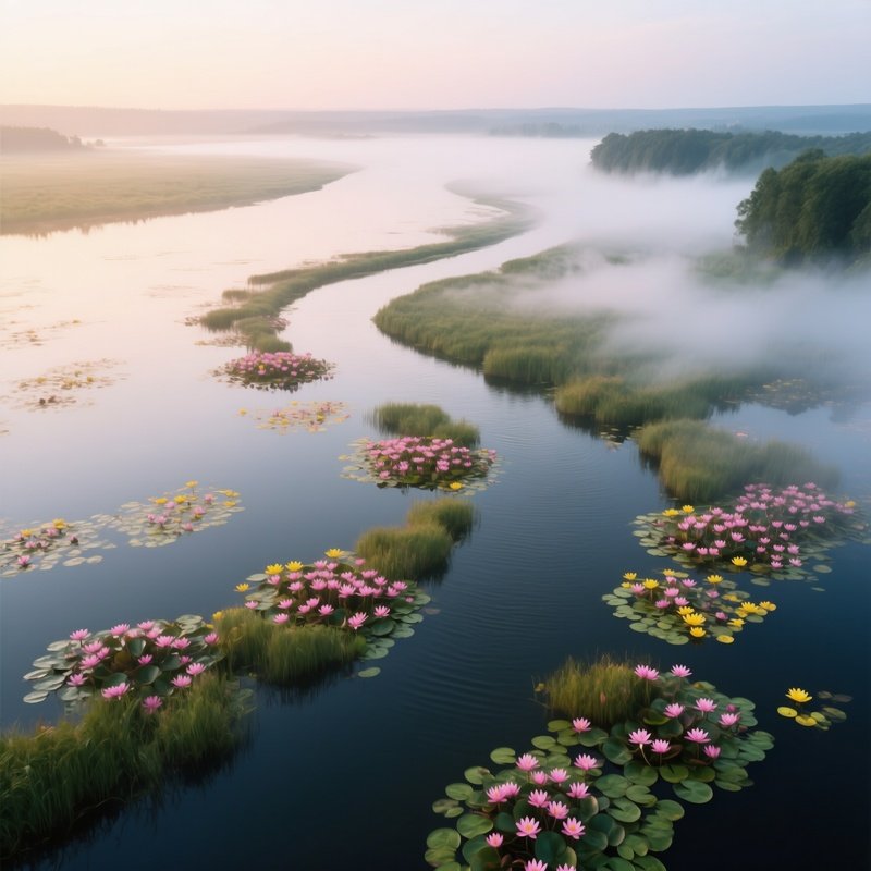 An Aerial View Of A Winding River Feeding Into A Wide Lake Dotted With Clusters Of Pink And Yellow