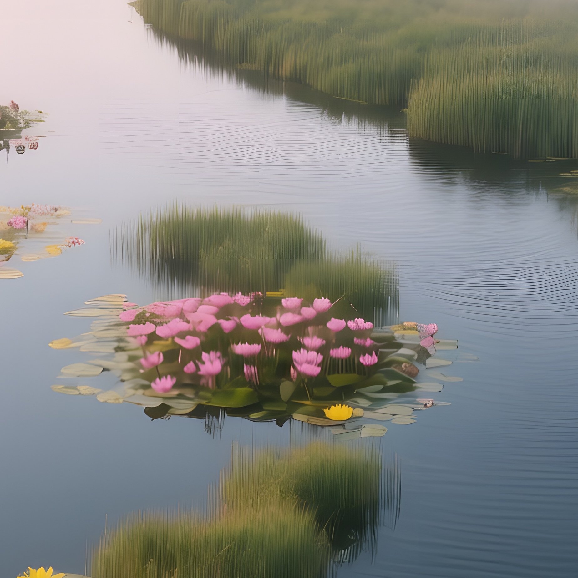 An Aerial View Of A Winding River Feeding Into A Wide Lake Dotted With Clusters Of Pink And Yellow - Full Resolution Quality Preview