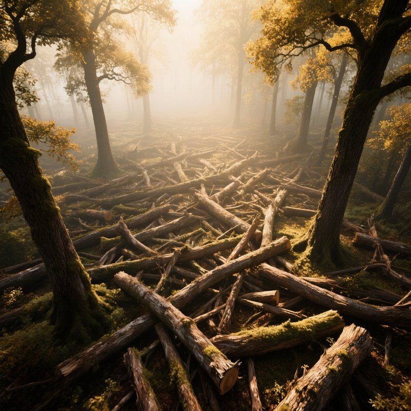 An Aerial View Of An Ancient Forest Floor Where Fallen Oak Logs Form A Tangled Mosaic, Dappled