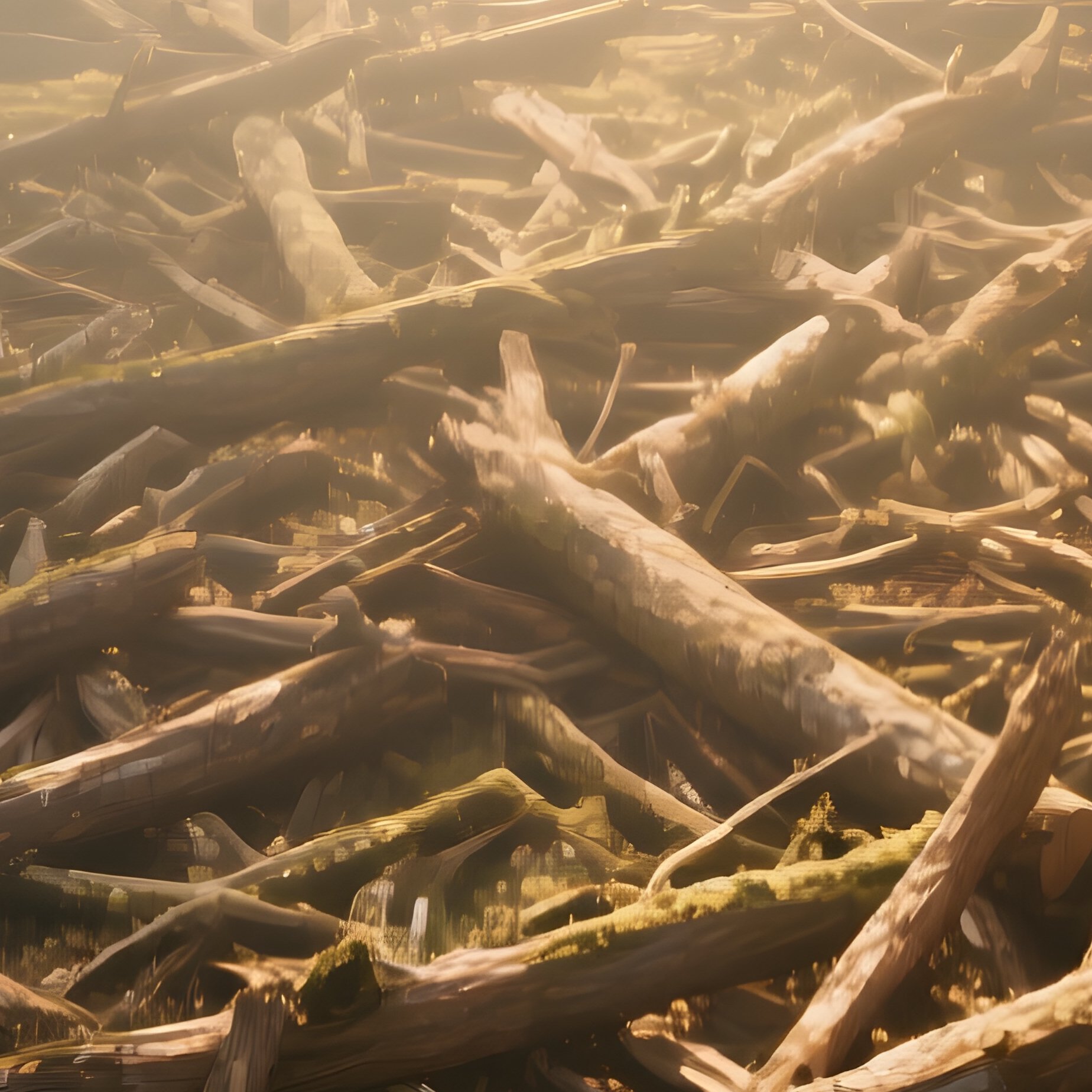 An Aerial View Of An Ancient Forest Floor Where Fallen Oak Logs Form A Tangled Mosaic, Dappled - Full Resolution Quality Preview