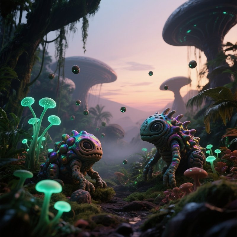 An Alien Jungle Planet At Dusk, Bioluminescent Plants And Strange Creatures Crafted From Iridescent