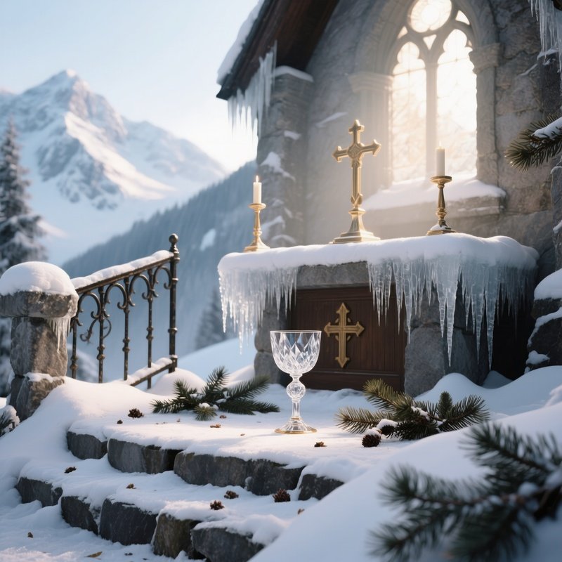 An Alpine Chapel Altar In Winter, Snow Piled On Stone Steps, Icicles Hanging From Iron Railings, A