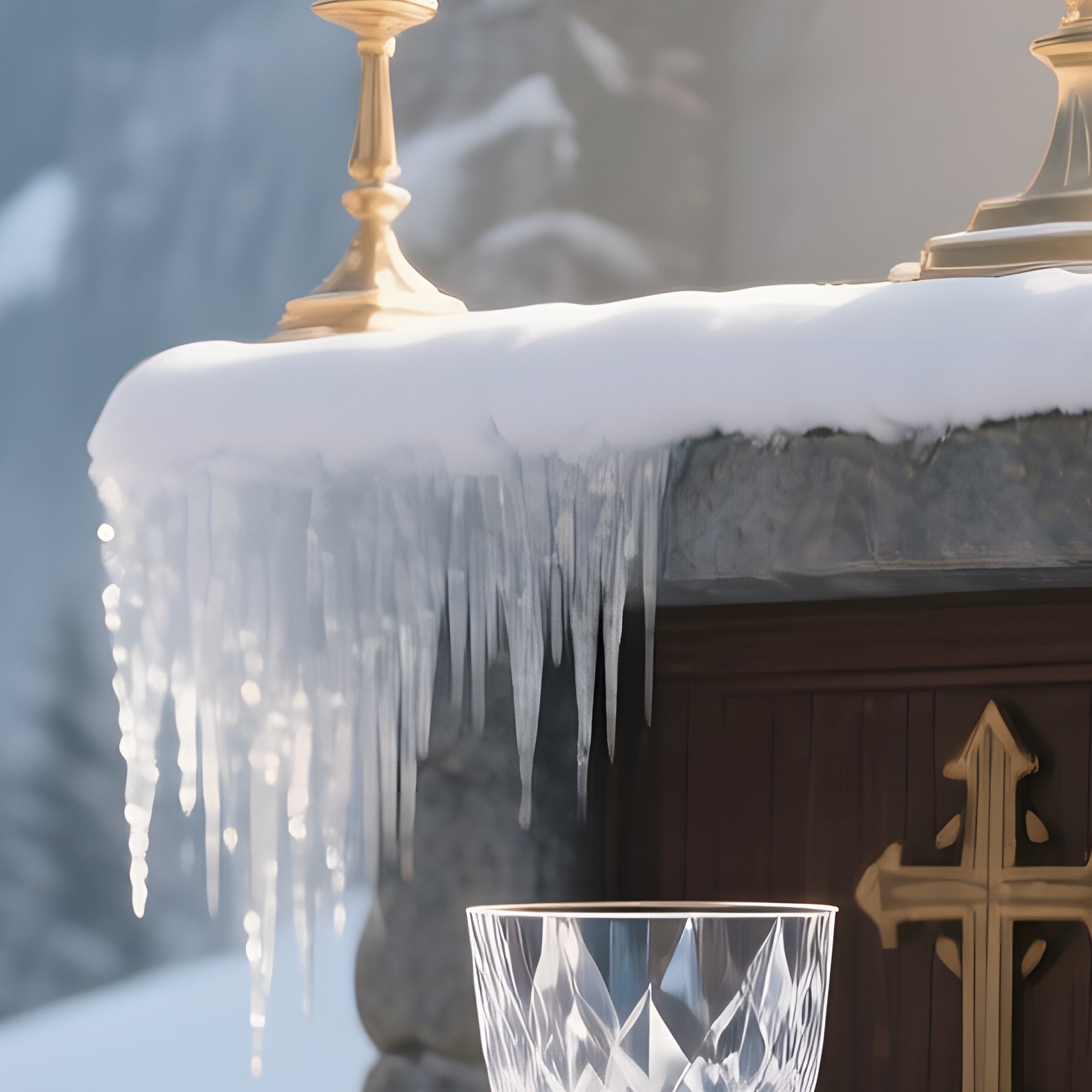 An Alpine Chapel Altar In Winter, Snow Piled On Stone Steps, Icicles Hanging From Iron Railings, A - Full Resolution Quality Preview