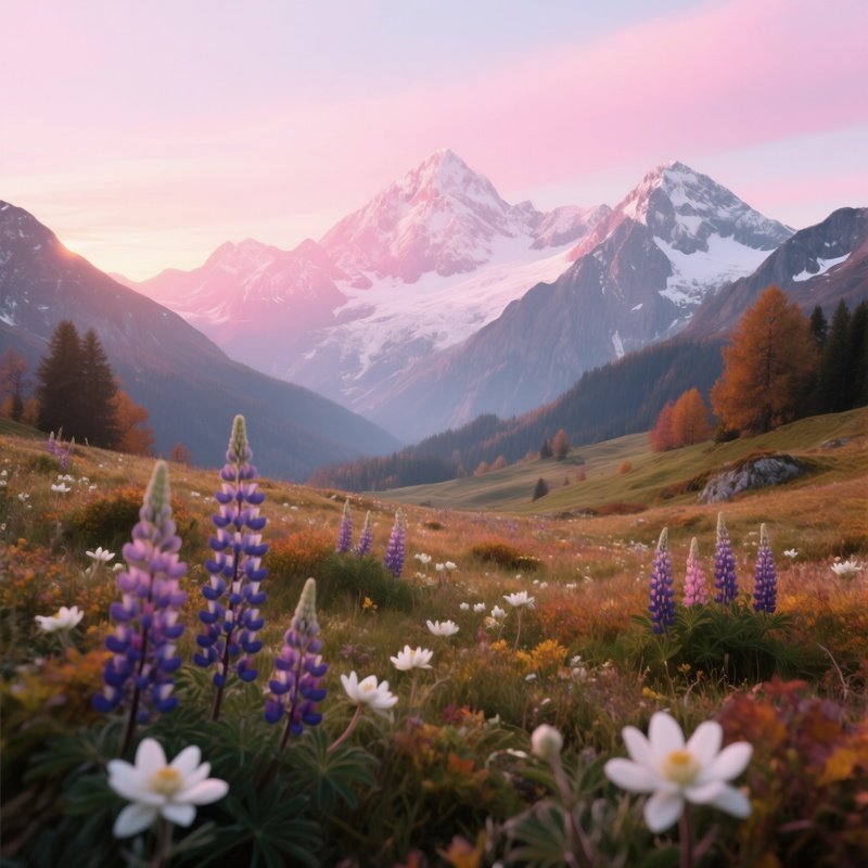 An Alpine Meadow In Early Autumn, Edelweiss And Lupines Dotting The Landscape Beneath Towering