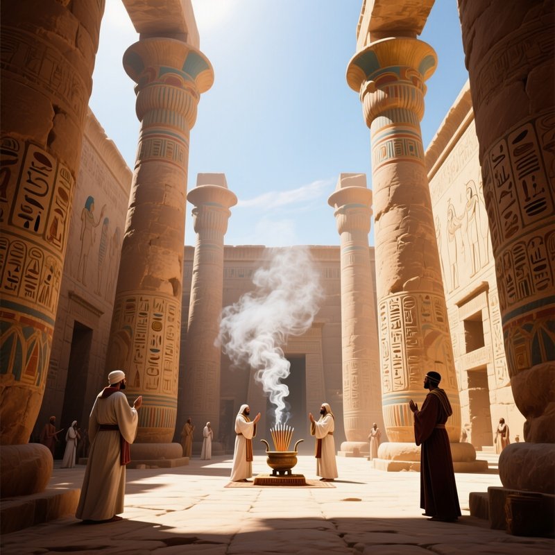 An Ancient Egyptian Temple Courtyard At Midday, Towering Sandstone Columns Bathed In Harsh