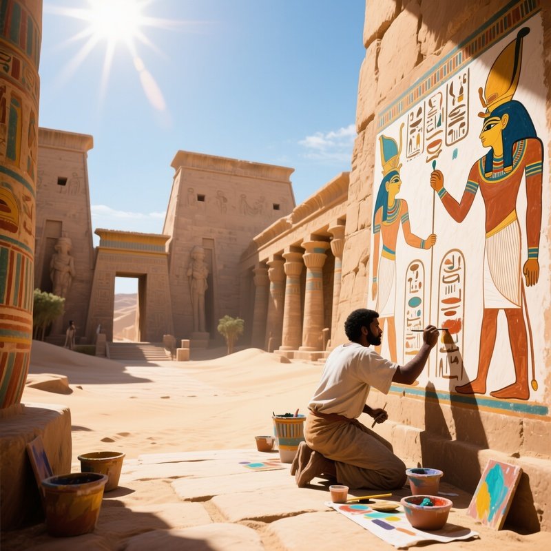 An Ancient Egyptian Temple Courtyard At Midday, Sun Blazing On Sandstone Walls While Artisans Apply