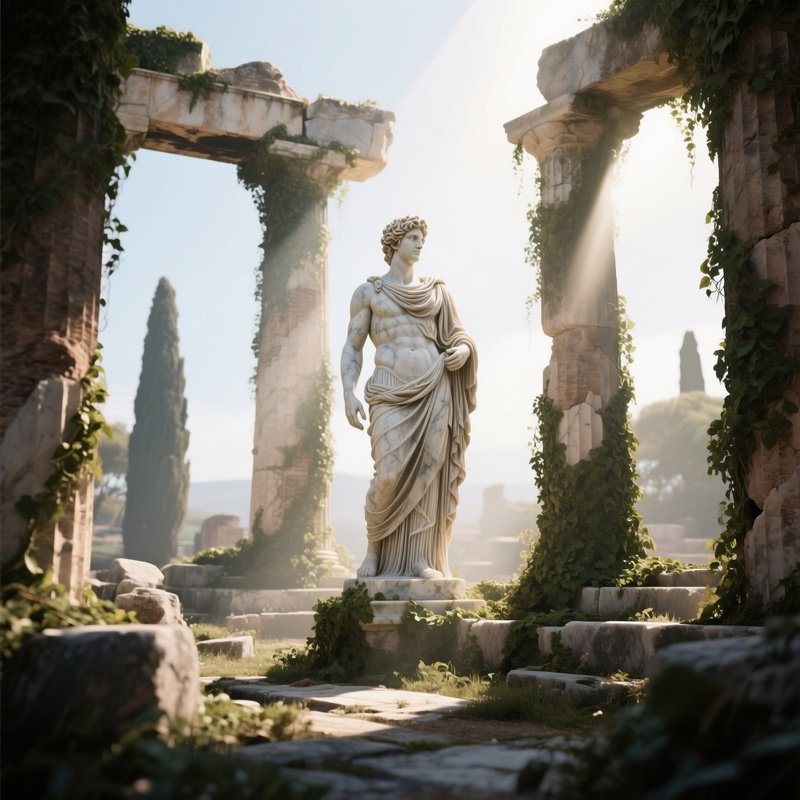 An Ancient Greek Ruins Site Where A Marble Statue Of Apollo Stands Partially Reclaimed By Ivy, Sun