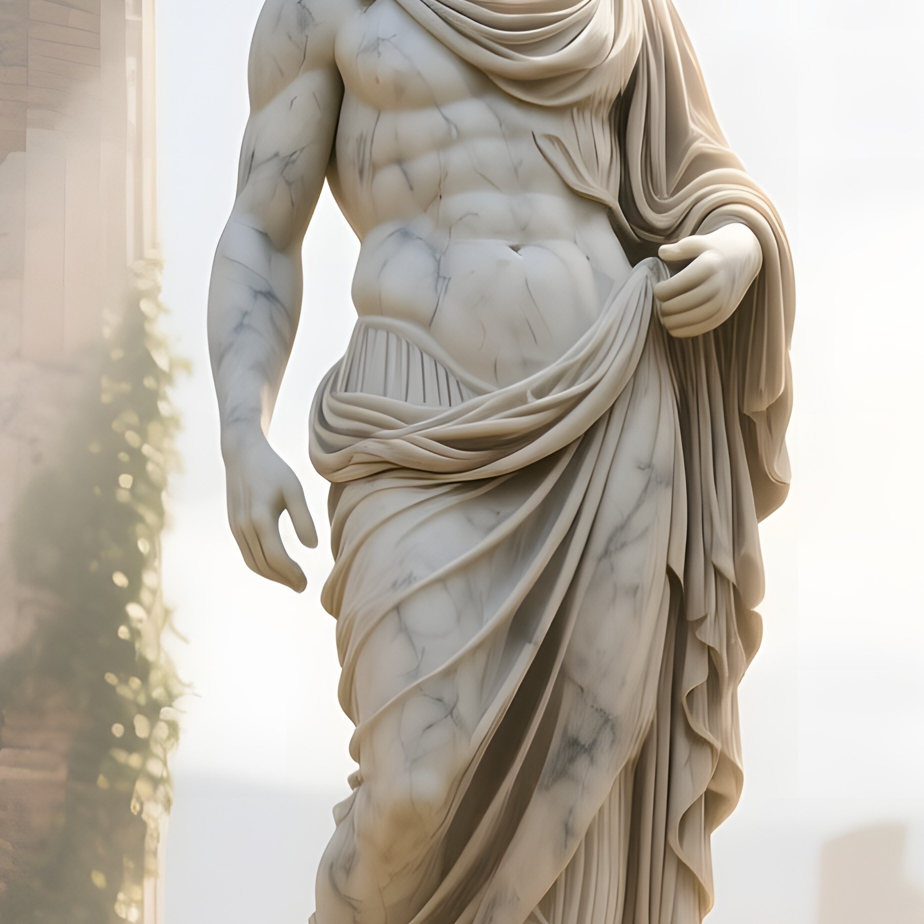 An Ancient Greek Ruins Site Where A Marble Statue Of Apollo Stands Partially Reclaimed By Ivy, Sun - Full Resolution Quality Preview