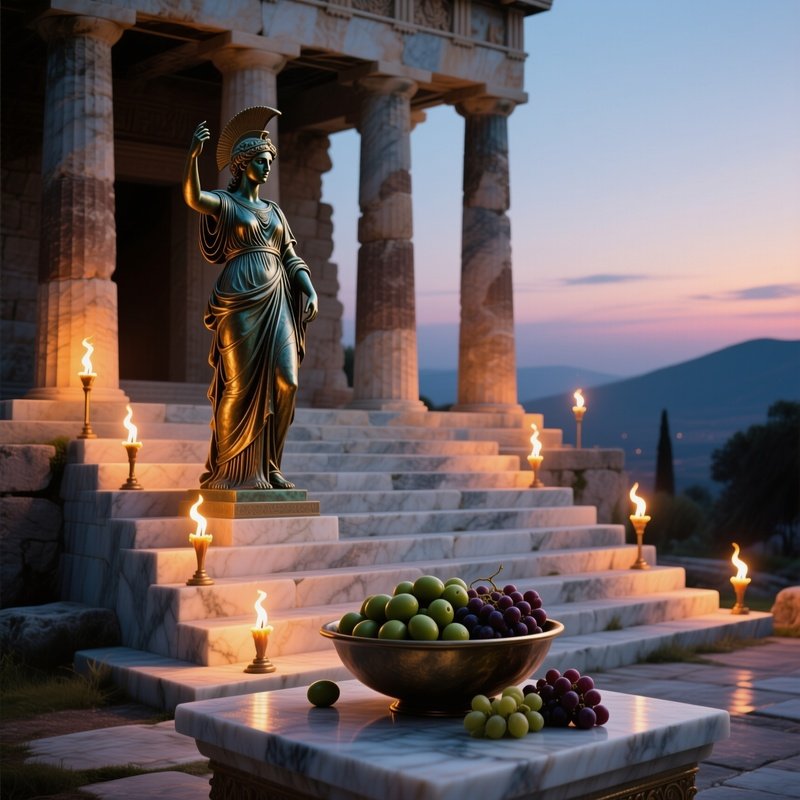 An Ancient Greek Temple Altar At Dusk, Marble Steps Illuminated By Torches, A Bronze Statue Of