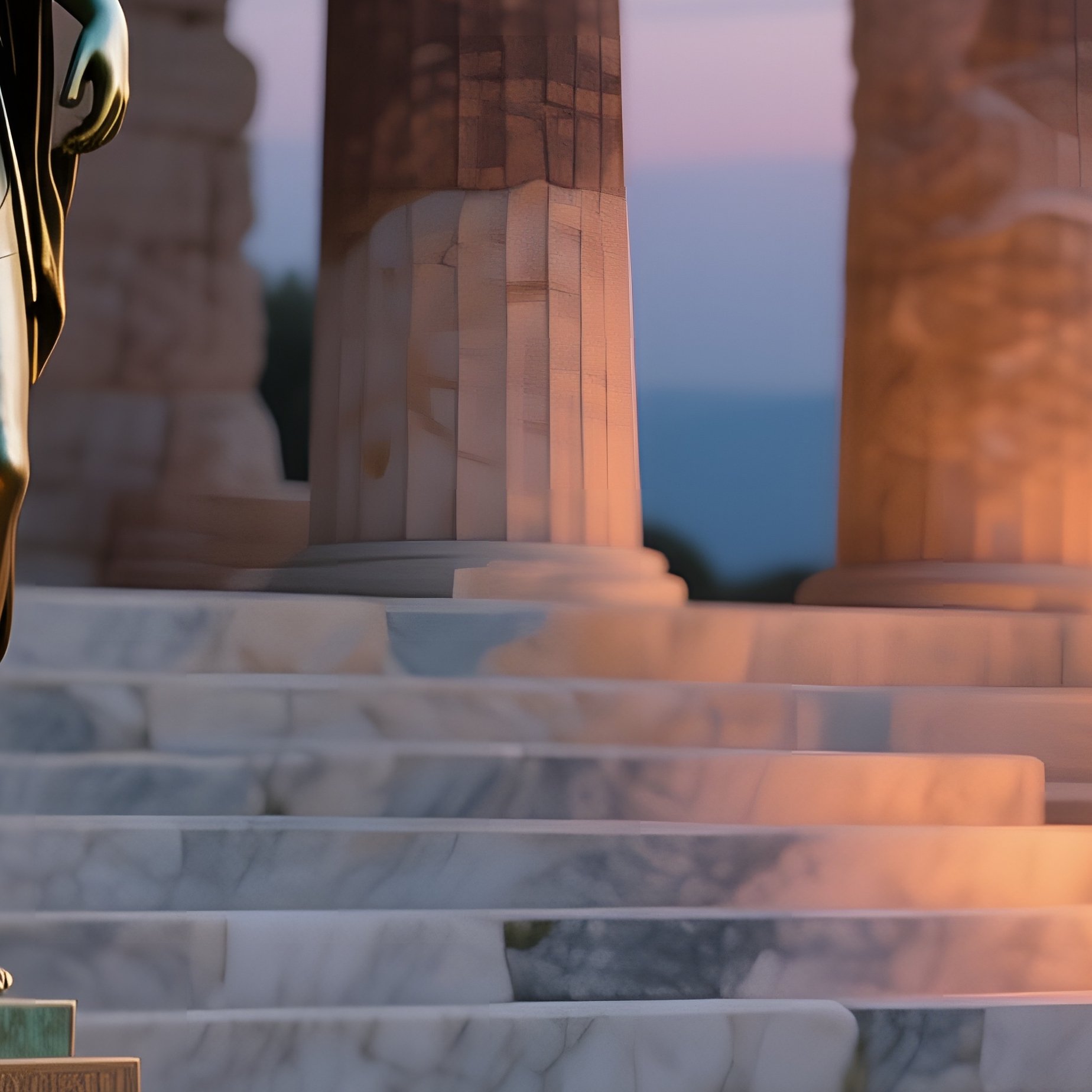 An Ancient Greek Temple Altar At Dusk, Marble Steps Illuminated By Torches, A Bronze Statue Of - Full Resolution Quality Preview