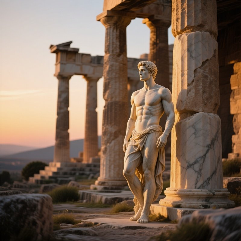 An Ancient Greek Temple Ruin At Dusk, A Male Statue‑Like Model Posed Among Marble Columns, Soft