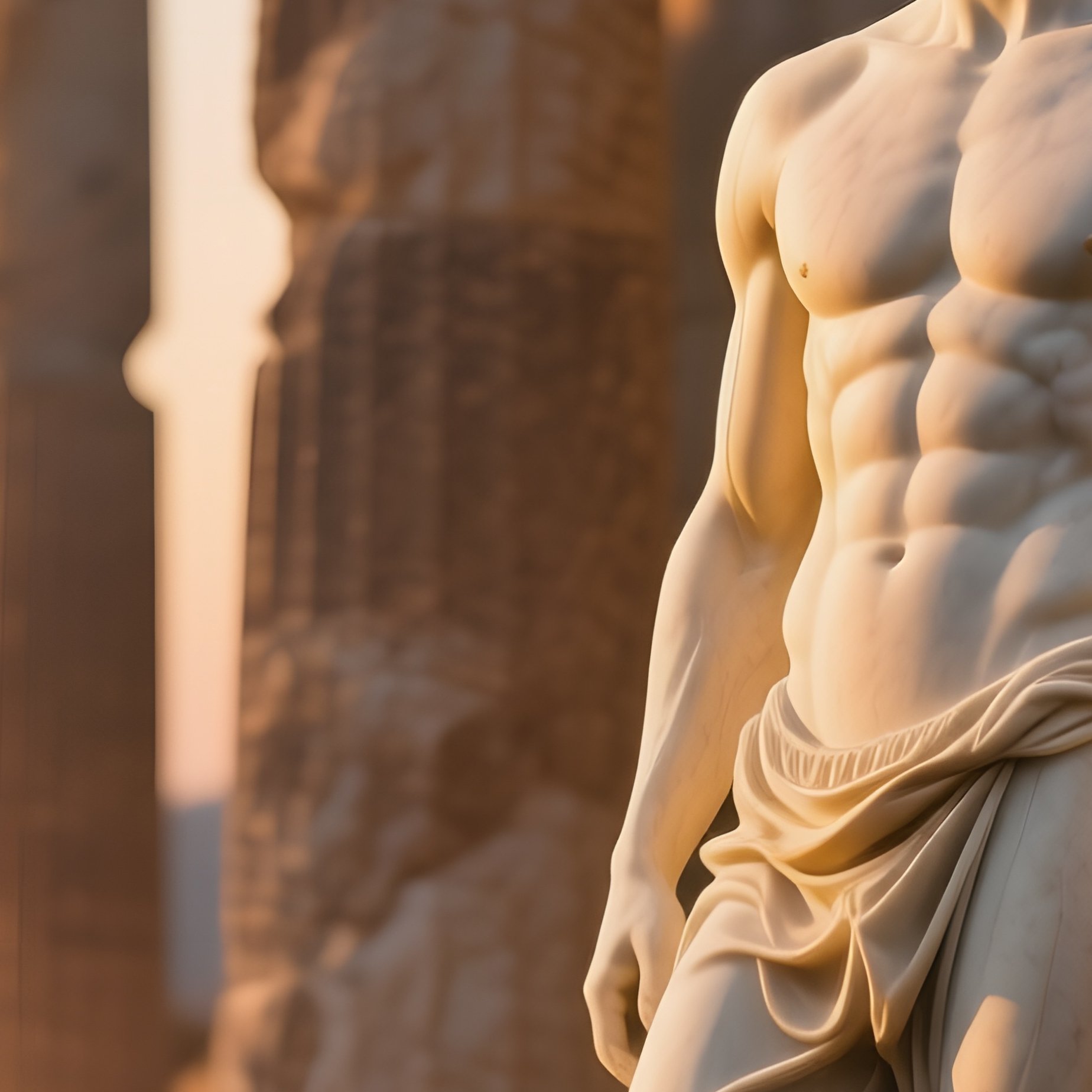 An Ancient Greek Temple Ruin At Dusk, A Male Statue‑Like Model Posed Among Marble Columns, Soft - Full Resolution Quality Preview