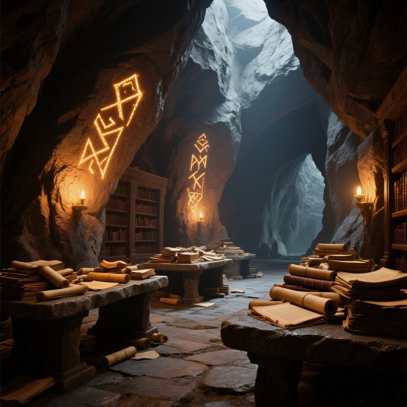 An Ancient Library Cavern Carved Into Rock, Illuminated By Glowing Runes Etched Into Walls, Casting