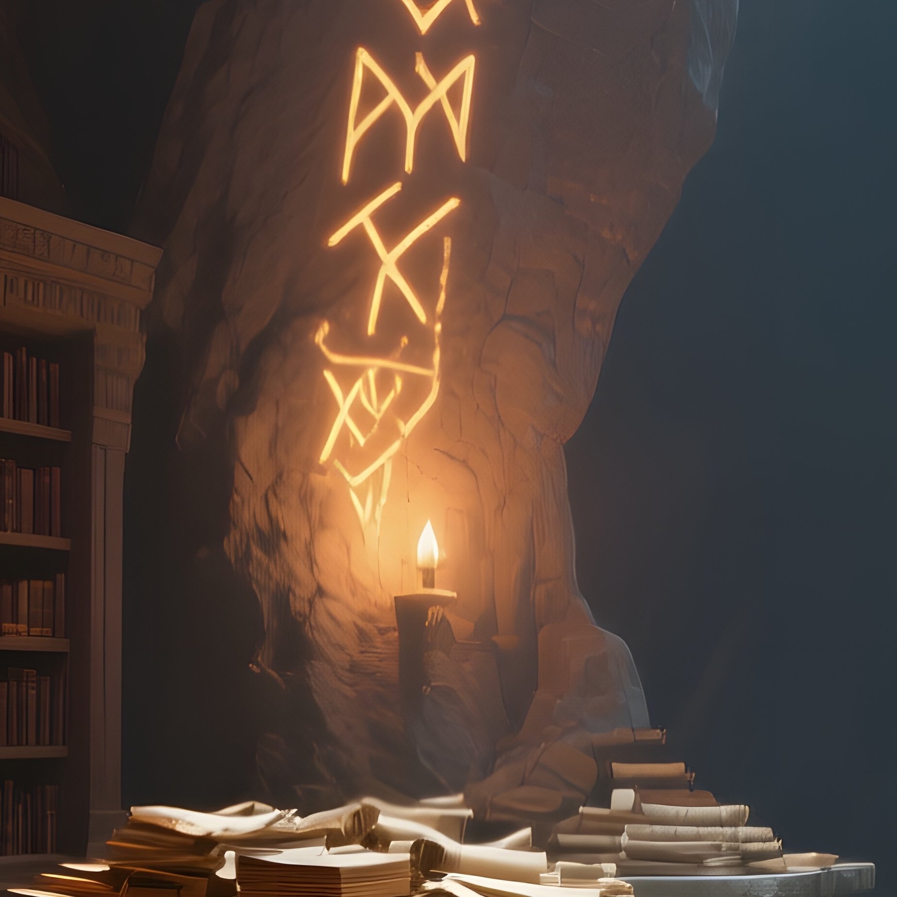 An Ancient Library Cavern Carved Into Rock, Illuminated By Glowing Runes Etched Into Walls, Casting - Full Resolution Quality Preview
