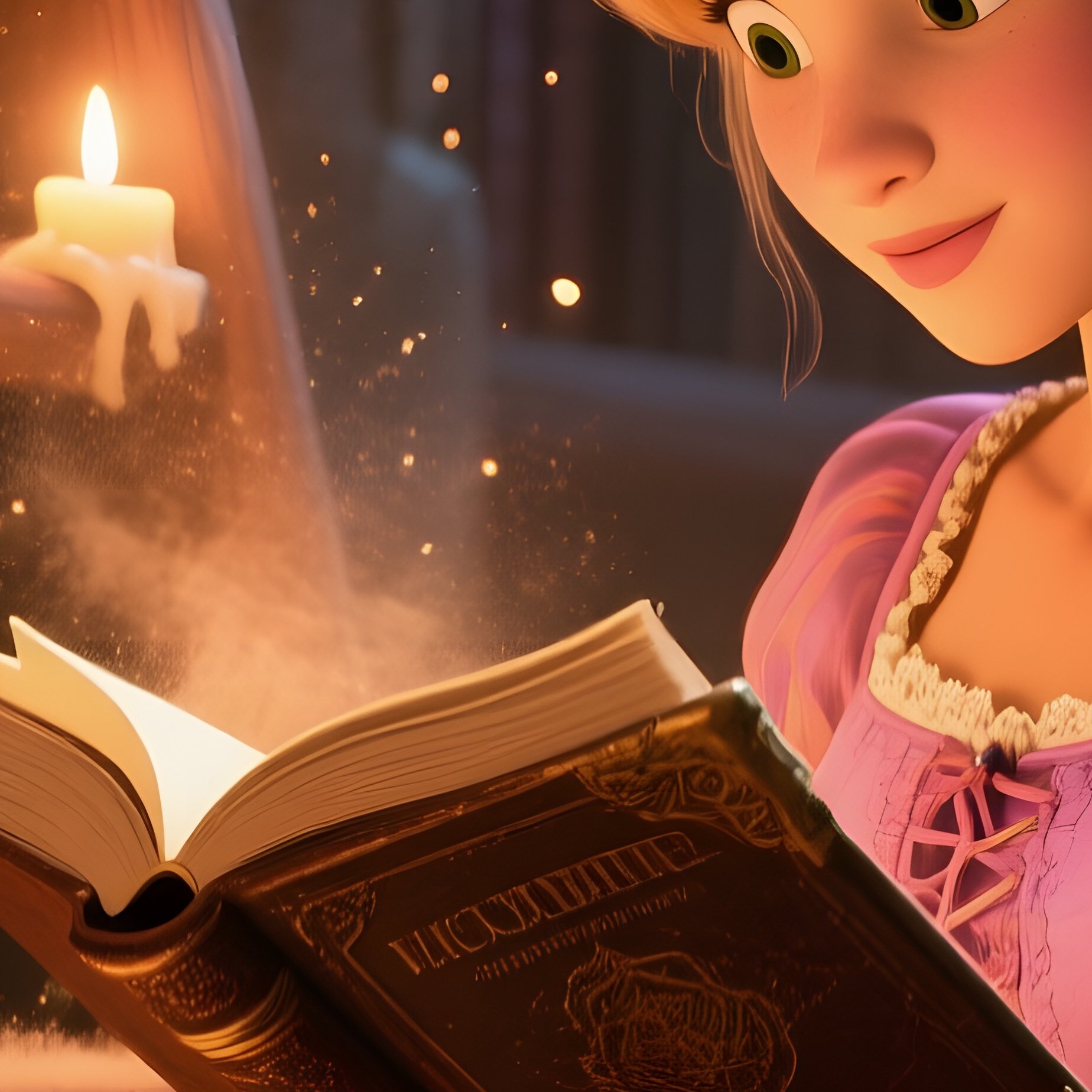 An Ancient Library Illuminated By Candlelight Where Rapunzel Reads An Old Tome, Her Braid Coiled - Full Resolution Quality Preview