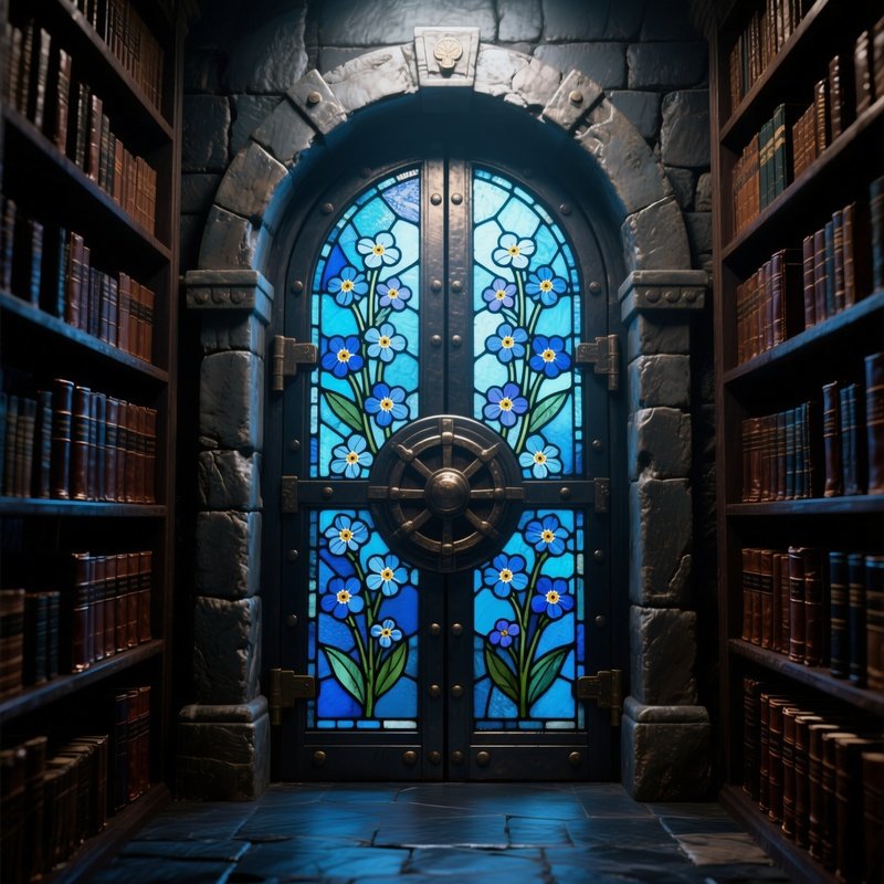 An Ancient Library Vault, Its Heavy Door Inset With Stained‑Glass Medallions Of Forget‑Me‑Not