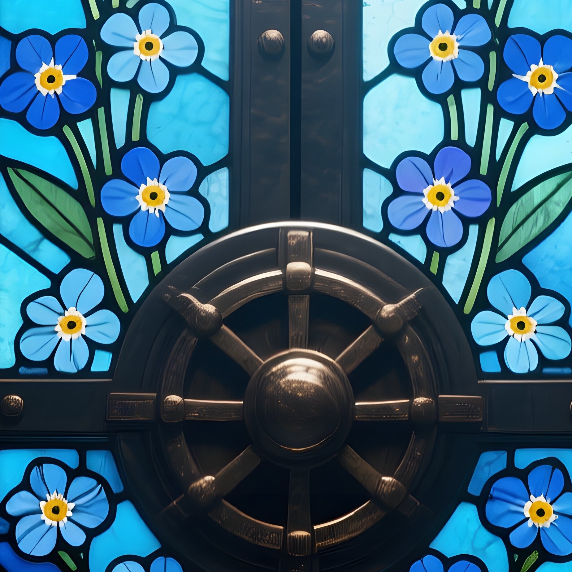 An Ancient Library Vault, Its Heavy Door Inset With Stained‑Glass Medallions Of Forget‑Me‑Not - Full Resolution Quality Preview