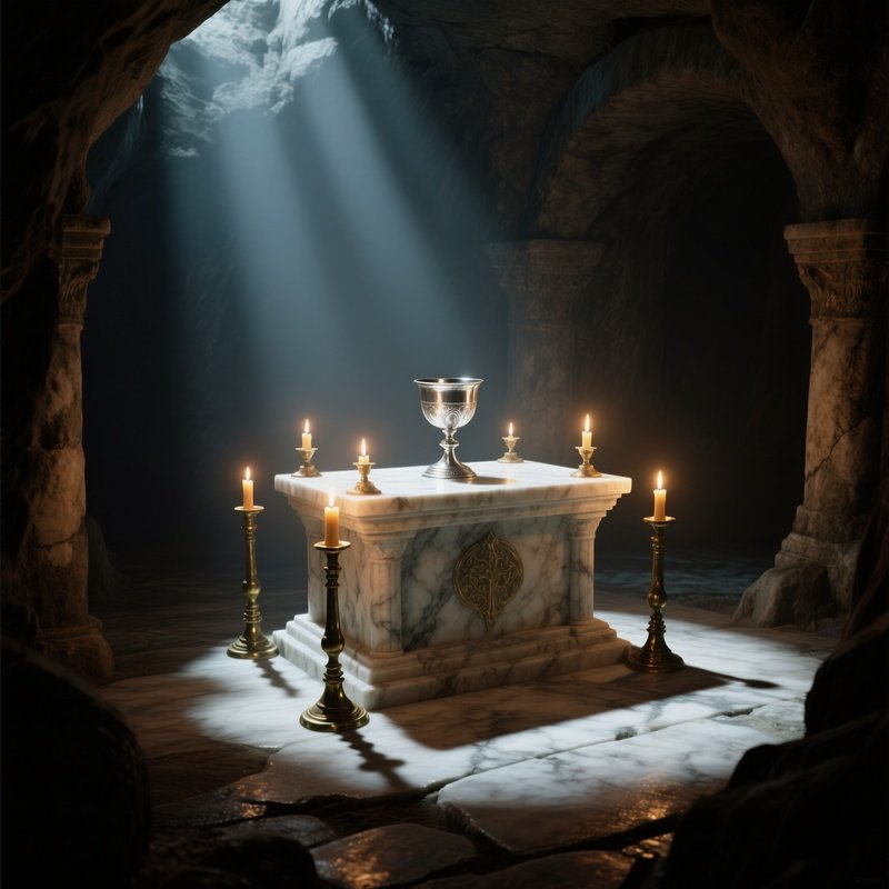 An Ancient Marble Altar Deep Within A Dimly Lit Catacomb, Flickering Torchlight Casting Long