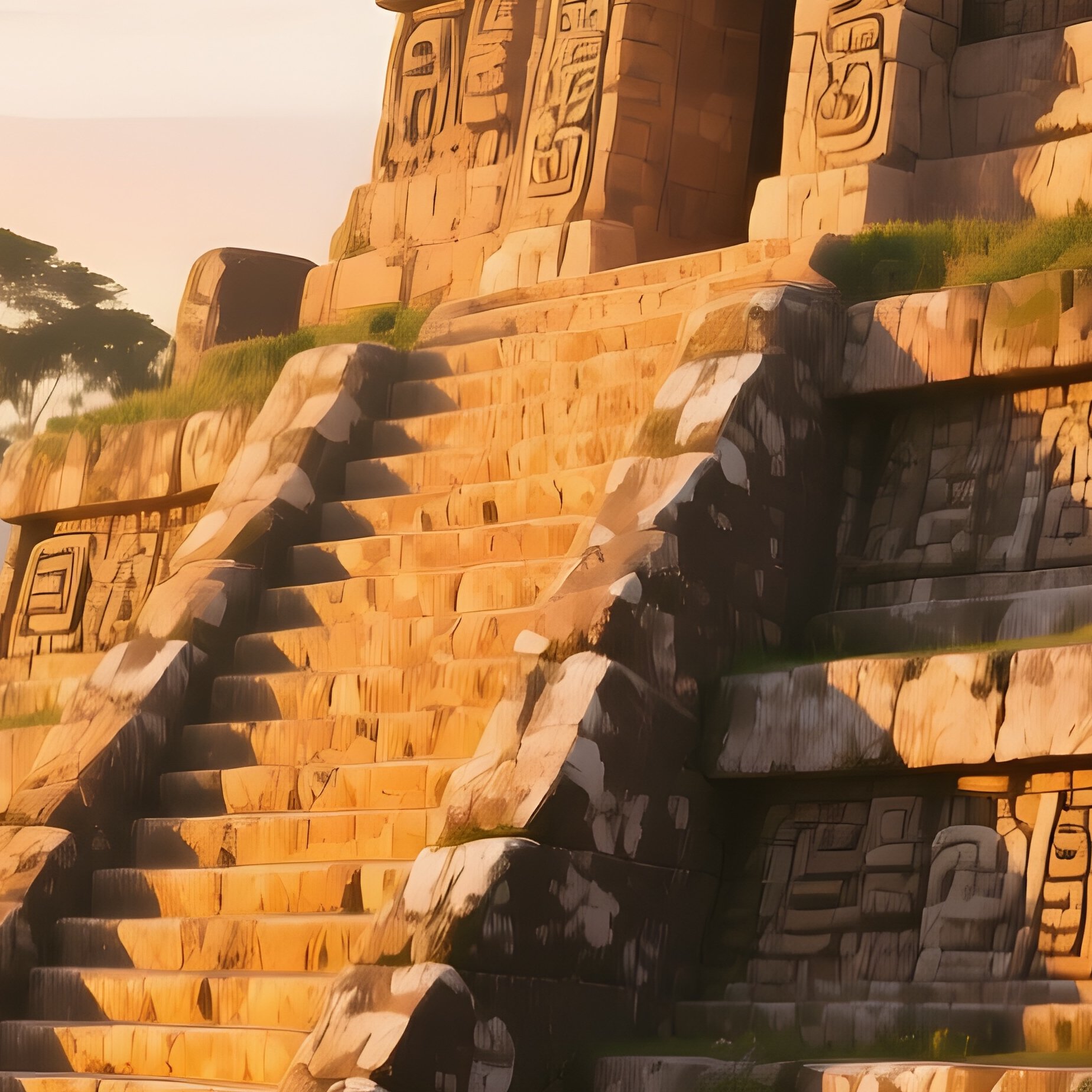 An Ancient Mayan Temple Atop A Jungle Ridge, Stone Carvings Detailed In Weathered Clay, Sunrise - Full Resolution Quality Preview