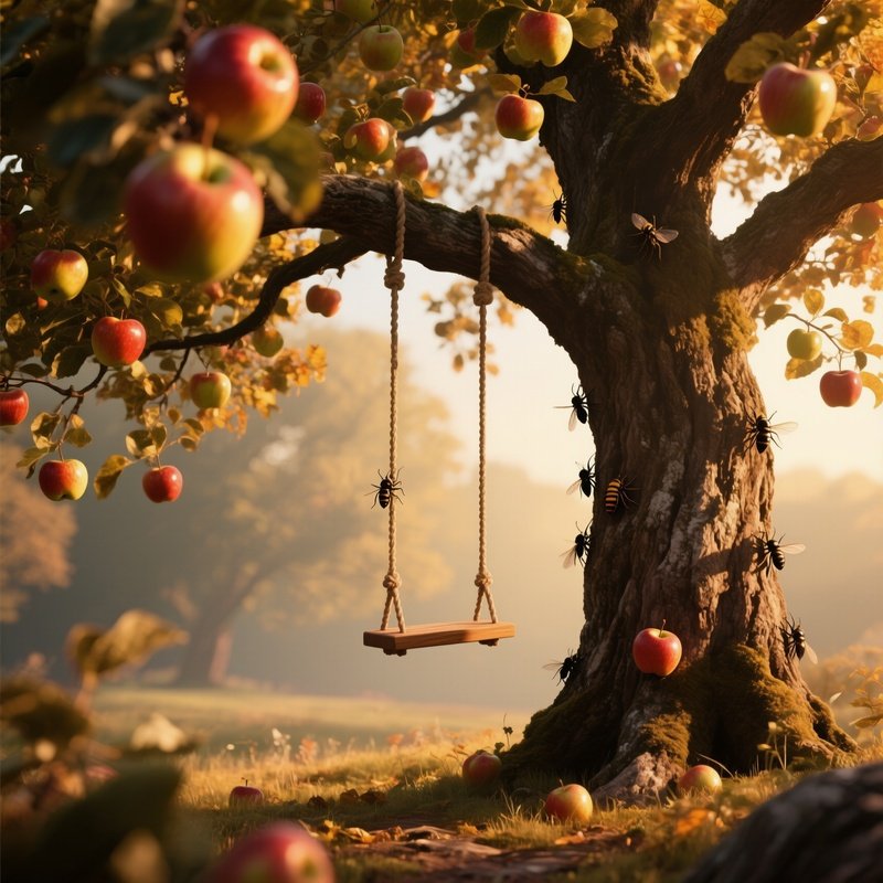 An Ancient Oak Tree In Late Summer, Heavy With Ripe Apples, Golden Hour Light Casting Long Shadows,