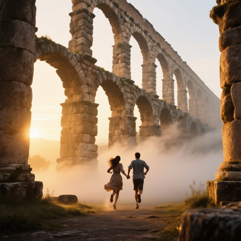 An Ancient Roman Aqueduct At Sunrise, Mist Swirling Around Arches As A Couple Runs Hand‑In‑Hand,