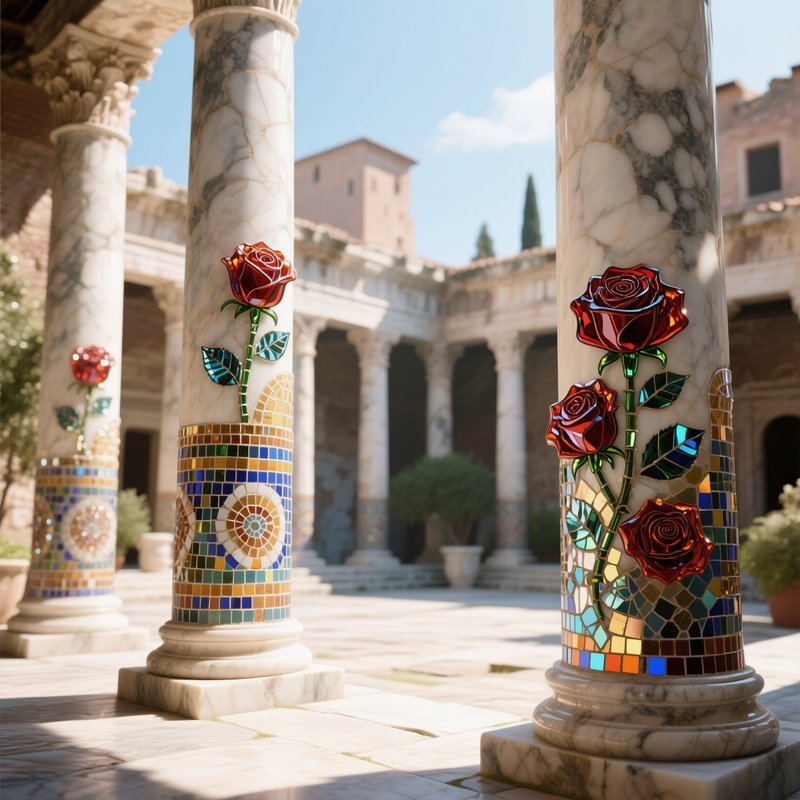 An Ancient Roman Courtyard, Marble Columns Adorned With Mosaics Of Glass Roses That Sparkle Under