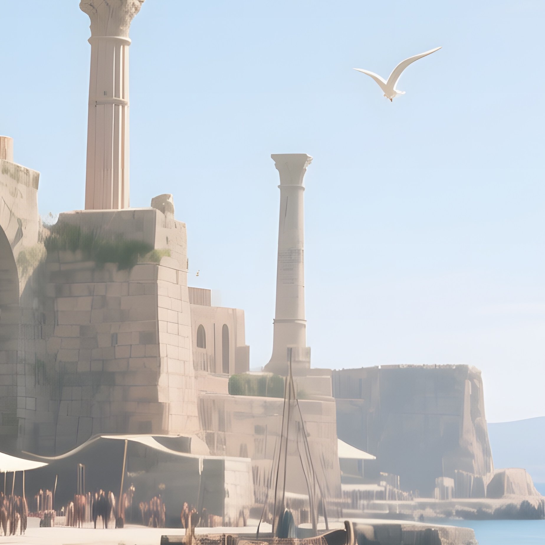 An Ancient Roman Harbor Reconstructed In Stone, Arches Framing The Sea, Merchants Unloading - Full Resolution Quality Preview